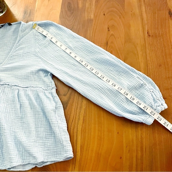 ZARA Blue Pastel Babydoll Cotton V Neck Button Front Long Sleeves Blouse Top. - Picture 9 of 11
